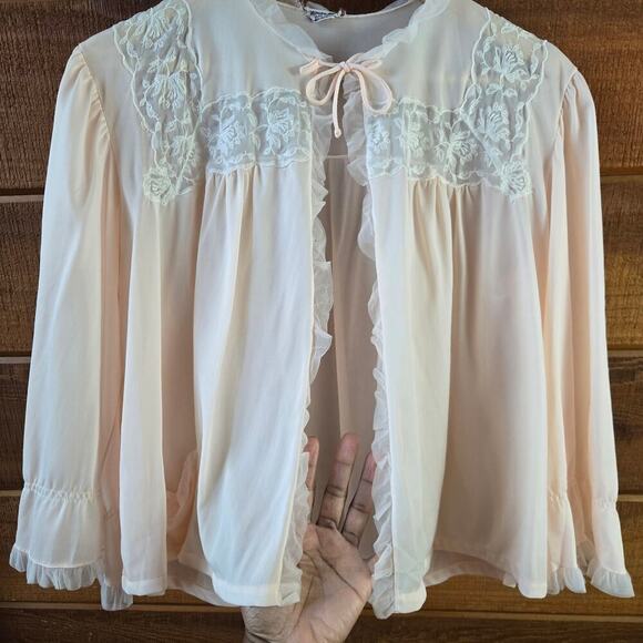 Wonder Maid Vintage 50s Peach Embroidered Lace Ruffle Bed Jacket Coquette Boho - Picture 4 of 12